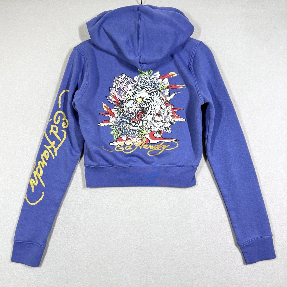 Ed Hardy Hoodie Womens Medium Cropped Tiger Graphic Full Zip Tattoo Logo Rock